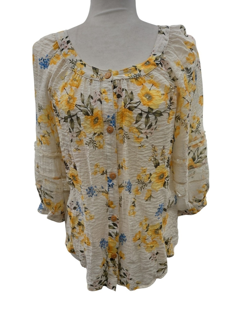 Anthropologie Cream Floral Button-Front Top Women's